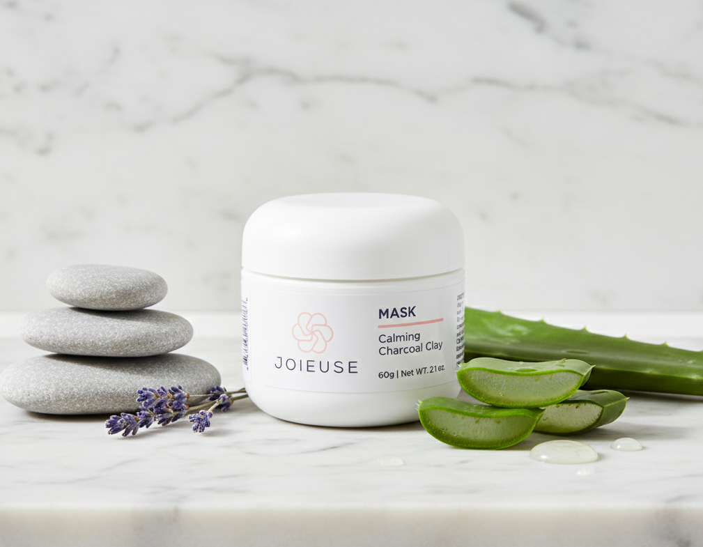 JOIEUSE charcoal clay mask jar with aloe vera leaves and lavender on a marble surface