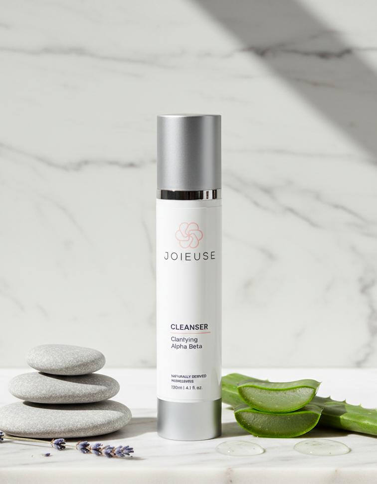 Joieuse cleanser bottle on a marble surface with stones and aloe vera leaves.