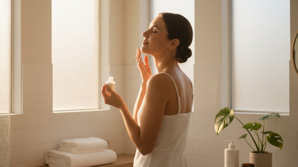 Woman applying a product in a bright bathroom with natural light